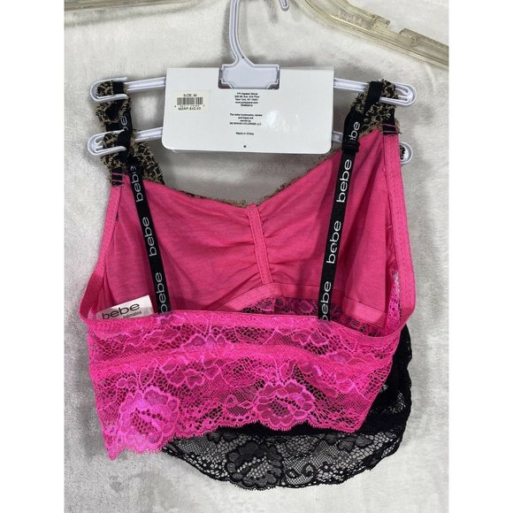 Bebe 2 Pack Black Pink Lace Bralette NWT MSRP  Medium Leopard Animal Print - Picture 2 of 5